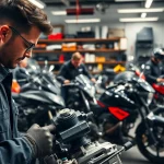In der motorrad werkstatt arbeiten Mechaniker an verschiedenen Motorrädern.