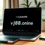 Engaging digital workspace showcasing https://vj88.online/ on a laptop, complemented by inviting decor.