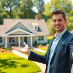 Real Estate agent showcasing an attractive suburban property with inviting features in a vibrant neighborhood.