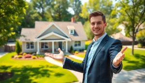 Real Estate agent showcasing an attractive suburban property with inviting features in a vibrant neighborhood.