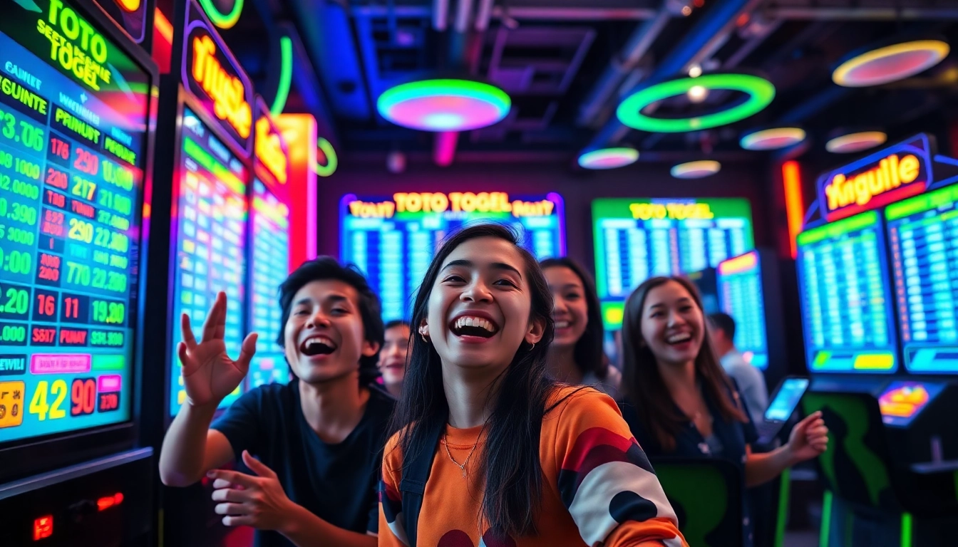 Taruhan toto togel menampilkan pemain bersemangat di lingkungan game modern.