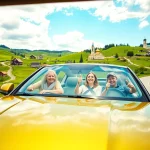 Rent a car Moldova scene with a family enjoying a scenic drive through vibrant landscapes.