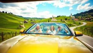 Rent a car Moldova scene with a family enjoying a scenic drive through vibrant landscapes.