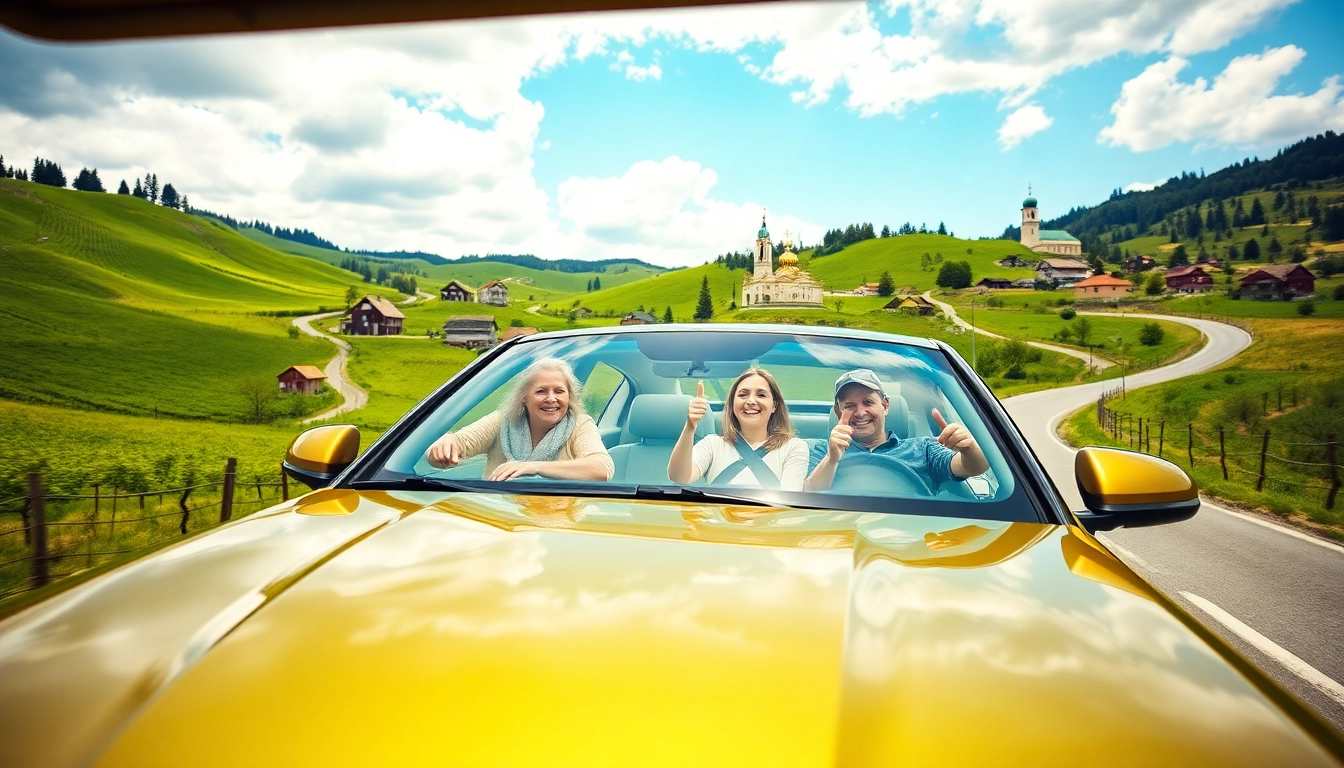 Rent a car Moldova scene with a family enjoying a scenic drive through vibrant landscapes.
