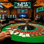 High-stakes casino scene showcasing 7m.cn digital scoreboard amidst players engaging with roulette and card games.