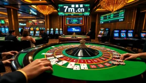 High-stakes casino scene showcasing 7m.cn digital scoreboard amidst players engaging with roulette and card games.