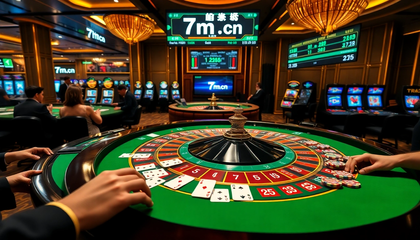 High-stakes casino scene showcasing 7m.cn digital scoreboard amidst players engaging with roulette and card games.
