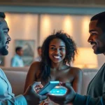 Engaging interaction with sex AI technology in a warm, modern setting