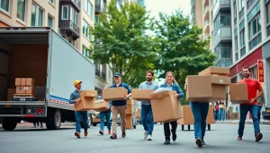 Movers Vancouver team efficiently handling a move in an urban setting with vibrant surroundings.