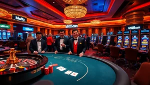 Experience the thrill at bl555 com, featuring elegant casino tables, cards, and vibrant slot machines.