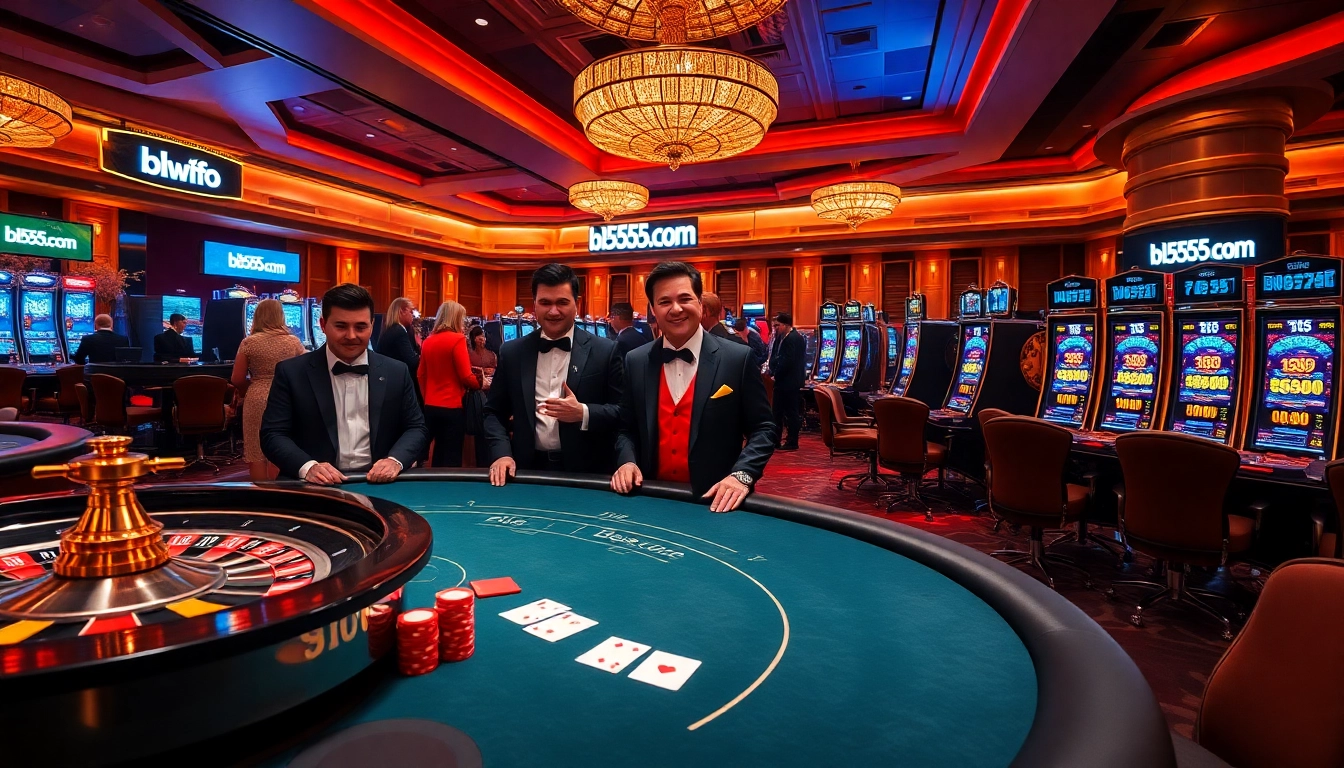 Experience the thrill at bl555 com, featuring elegant casino tables, cards, and vibrant slot machines.