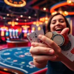 Fun88 players experience excitement at a luxurious casino table with poker chips and vibrant slot machines.