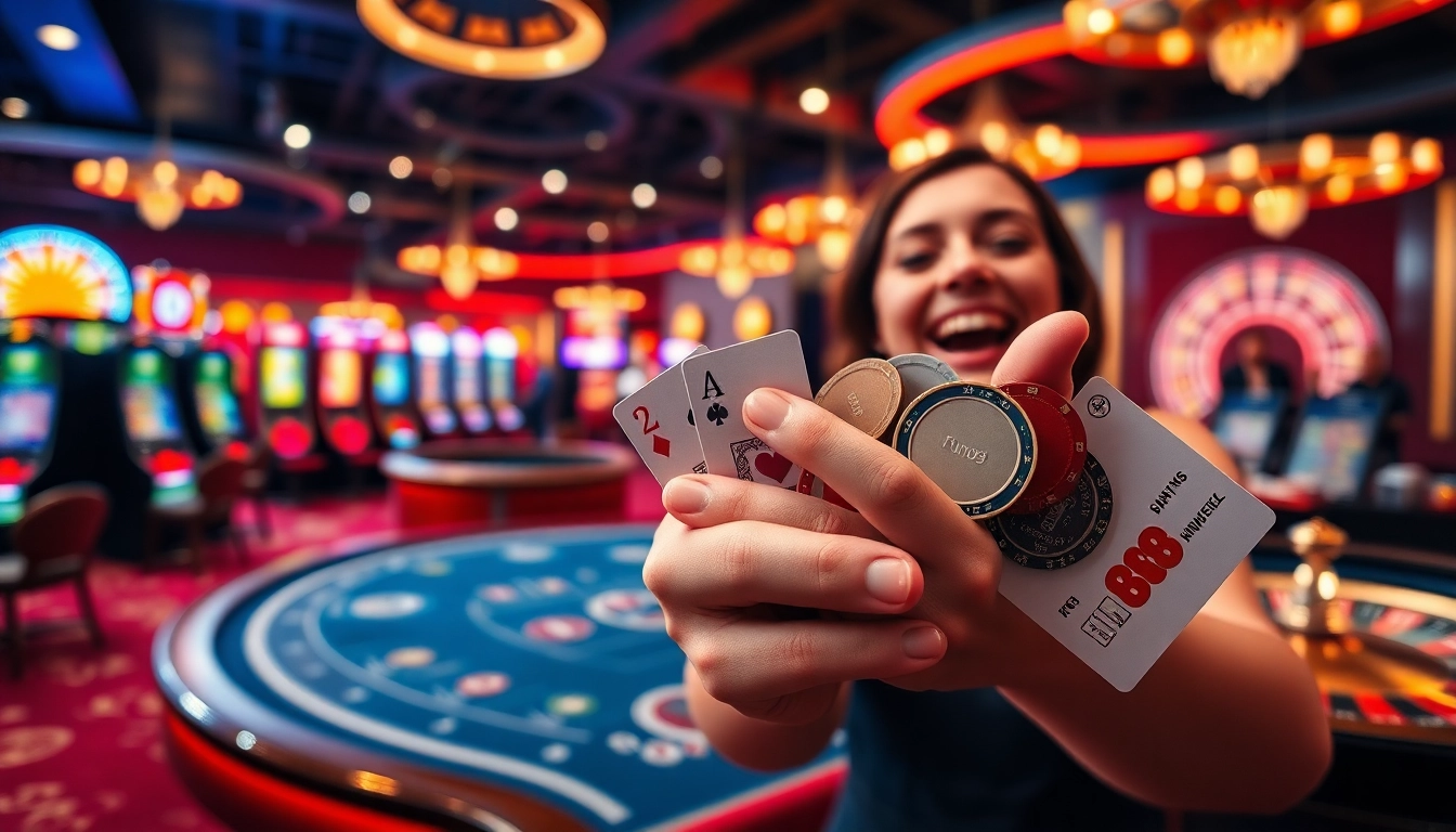 Fun88 players experience excitement at a luxurious casino table with poker chips and vibrant slot machines.