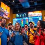 Enthusiastic fans engaging in sports betting Alabama with mobile devices and vibrant sports atmosphere.