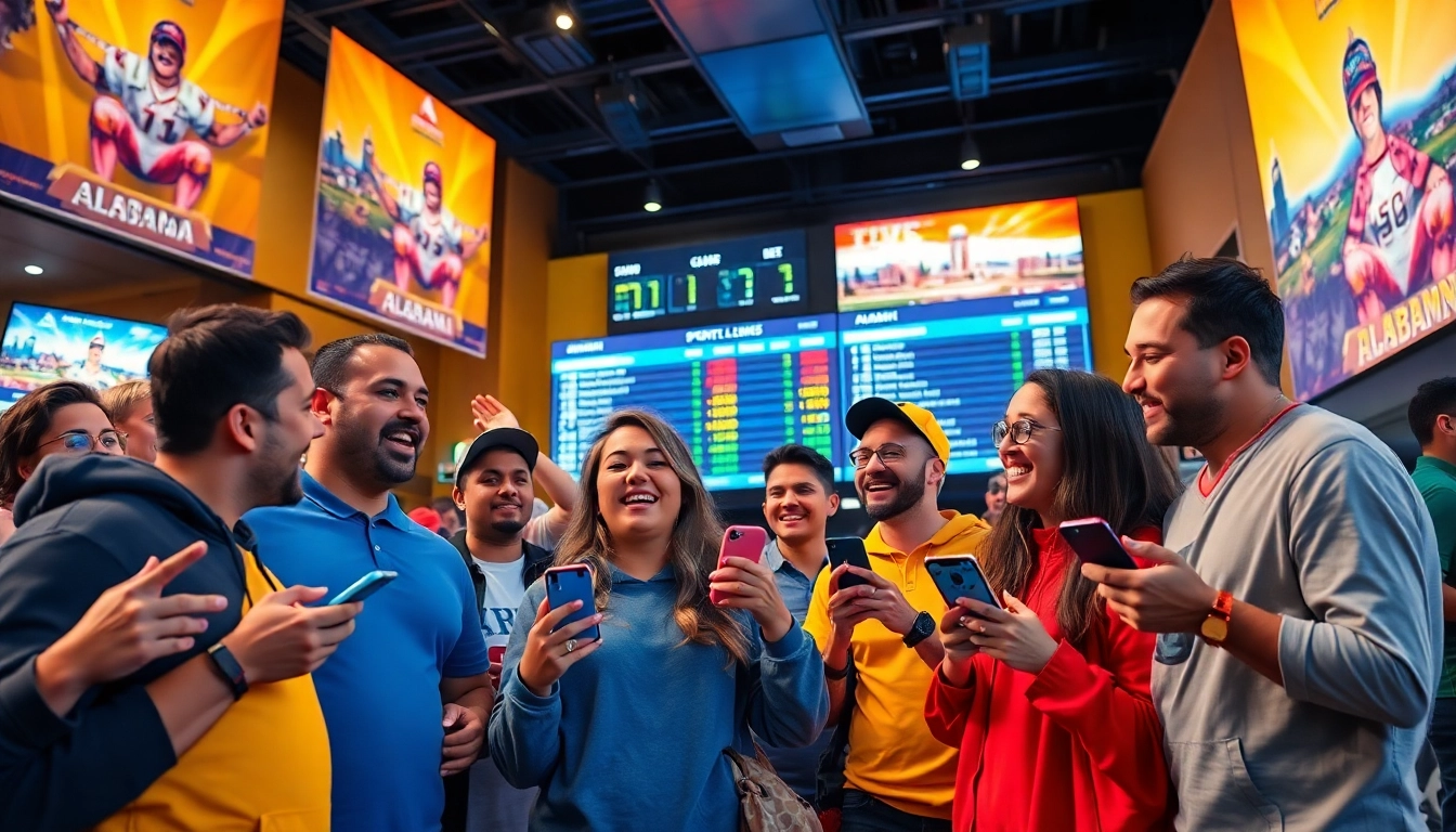 Enthusiastic fans engaging in sports betting Alabama with mobile devices and vibrant sports atmosphere.