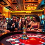 Players celebrating their big net win at a vibrant online casino with roulette and slot machines.