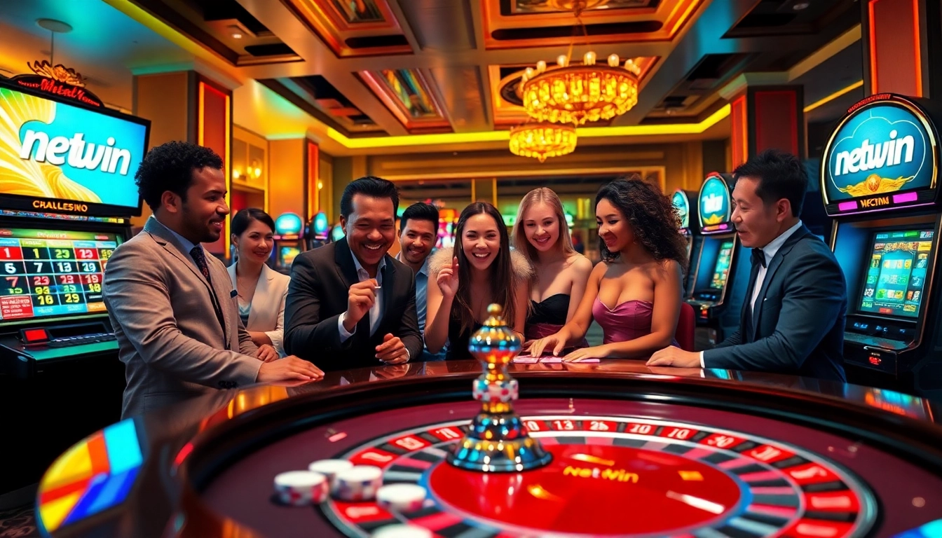 Players celebrating their big net win at a vibrant online casino with roulette and slot machines.