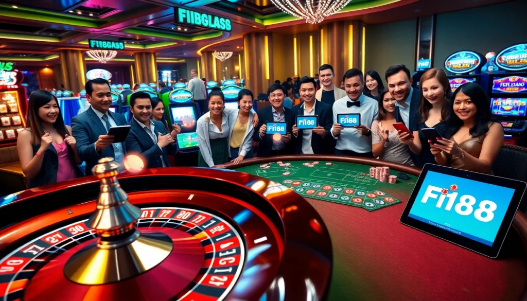 Attractive visual representing a vibrant casino atmosphere with the F168 link and players engaged in a thrilling gaming experience.