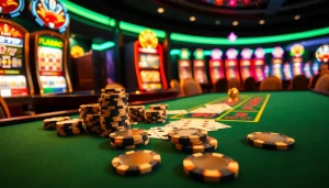 V9 bet players strategizing with colorful poker chips on a luxury casino table.