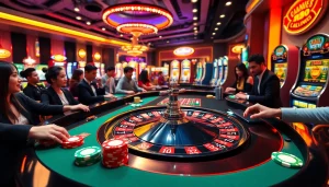 Players enjoying thrilling games at RR88's vibrant casino, featuring roulette and slot machines.