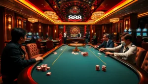 S88 VIP players enjoying high-stakes poker in a luxurious casino atmosphere.