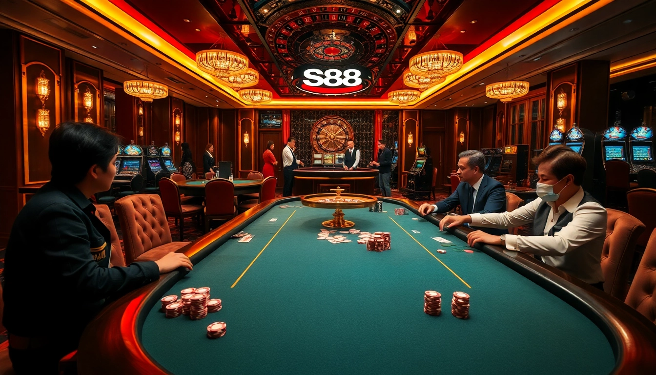 S88 VIP players enjoying high-stakes poker in a luxurious casino atmosphere.