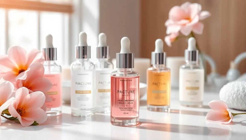 Bästa serum visat elegant i en fridfull skönhetsspa-miljö, som visar lyx och avkoppling