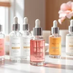 Bästa serum visat elegant i en fridfull skönhetsspa-miljö, som visar lyx och avkoppling