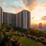 View of Tampines St 95 EC luxury residential development with lush gardens at sunset.
