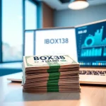 Professional financial transaction scene featuring BOX138 with cash and digital growth graphs.