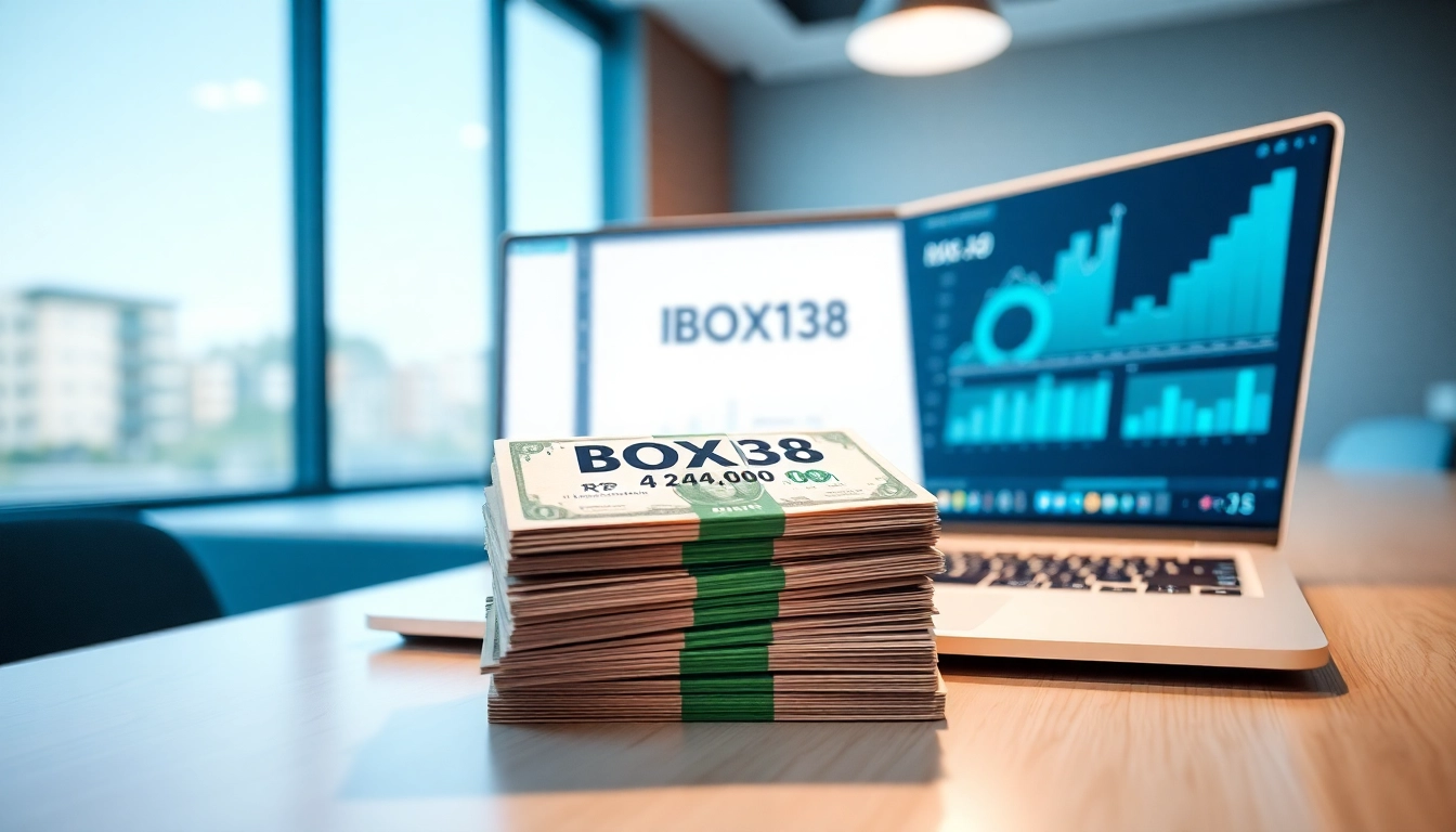 Professional financial transaction scene featuring BOX138 with cash and digital growth graphs.