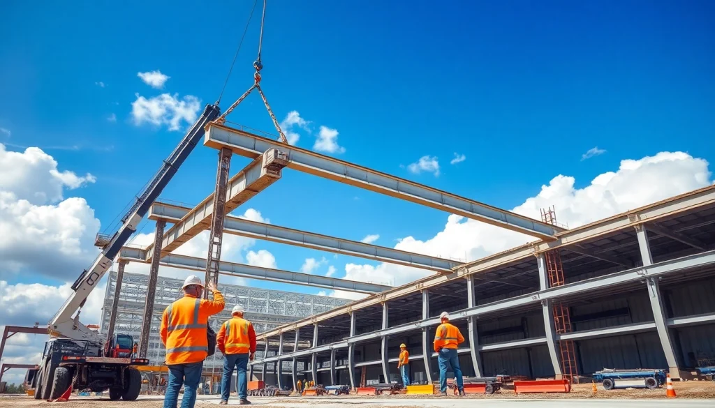 Workers engaged in structural steel installation for a commercial building, demonstrating teamwork and precision.