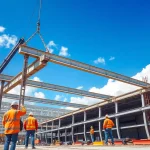 Workers engaged in structural steel installation for a commercial building, demonstrating teamwork and precision.