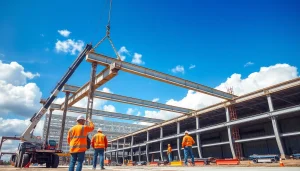 Workers engaged in structural steel installation for a commercial building, demonstrating teamwork and precision.