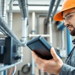 Leak Detection expert inspecting plumbing systems with advanced technology in a modern home.
