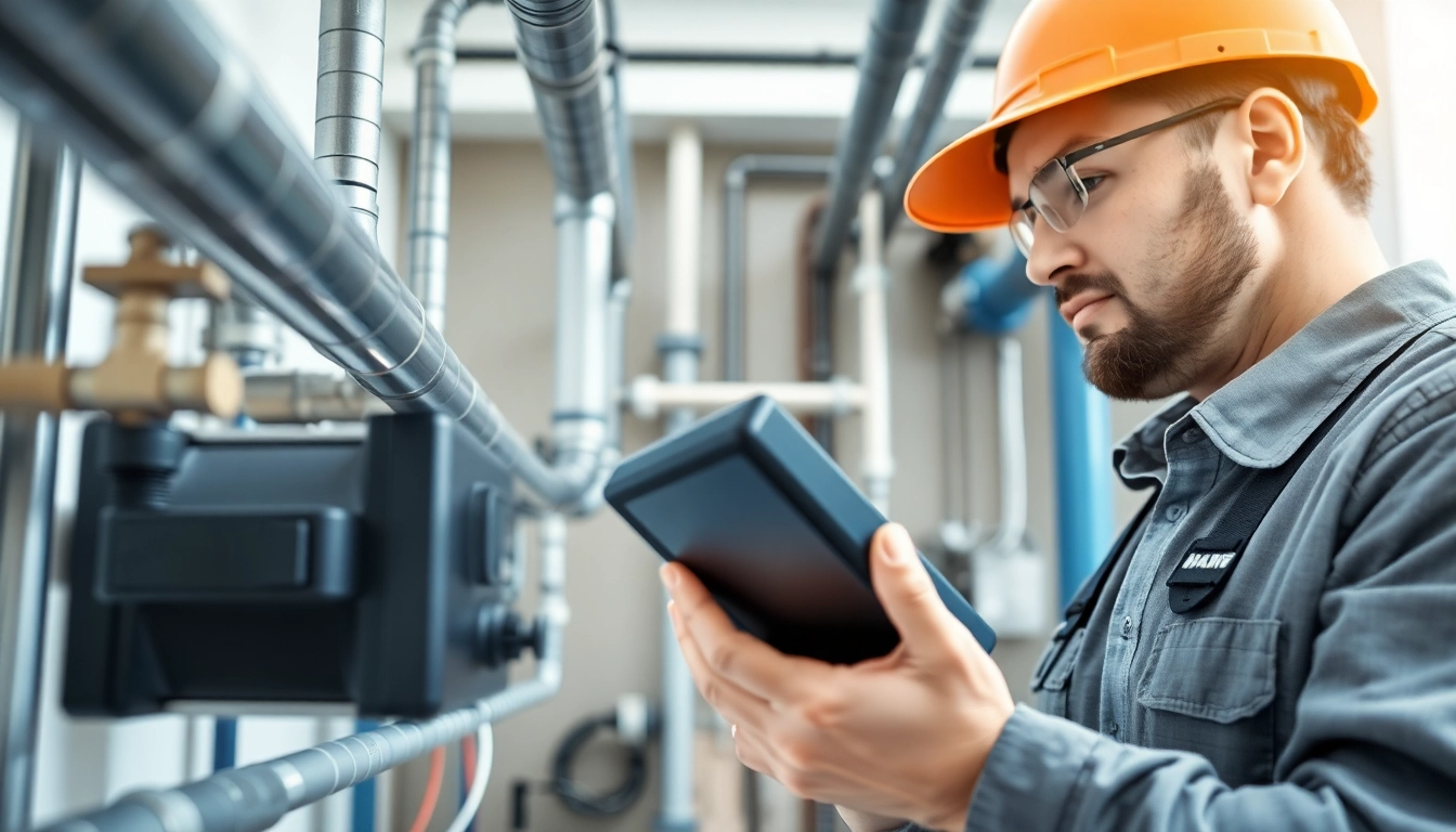 Leak Detection expert inspecting plumbing systems with advanced technology in a modern home.