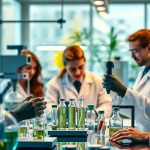 WIN55 research in a professional lab setting with scientists and cannabinoid elements.