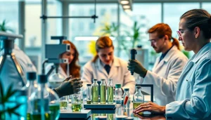 WIN55 research in a professional lab setting with scientists and cannabinoid elements.