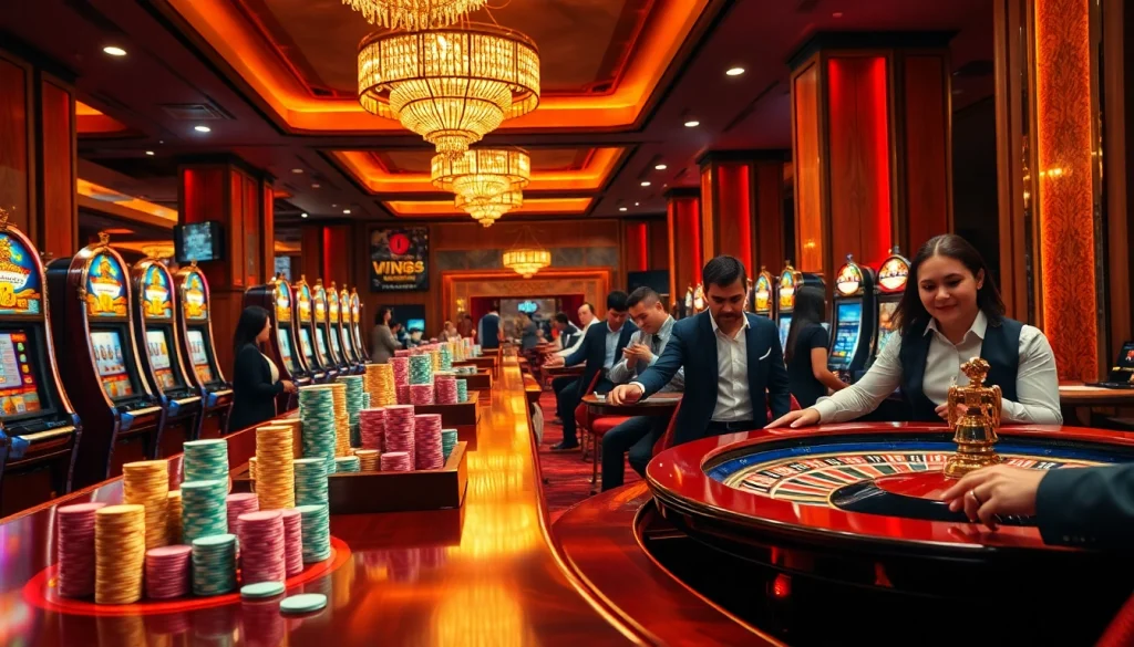 Engaging players at a vibrant casino with vn88, showcasing poker chips and a spinning roulette wheel.