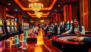 Engaging players at a vibrant casino with vn88, showcasing poker chips and a spinning roulette wheel.