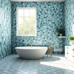 Salle de bains élégante présentant de magnifiques carreaux zellige bleus et verts et une baignoire autoportante.