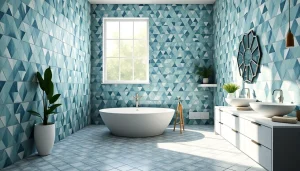 Salle de bains élégante présentant de magnifiques carreaux zellige bleus et verts et une baignoire autoportante.