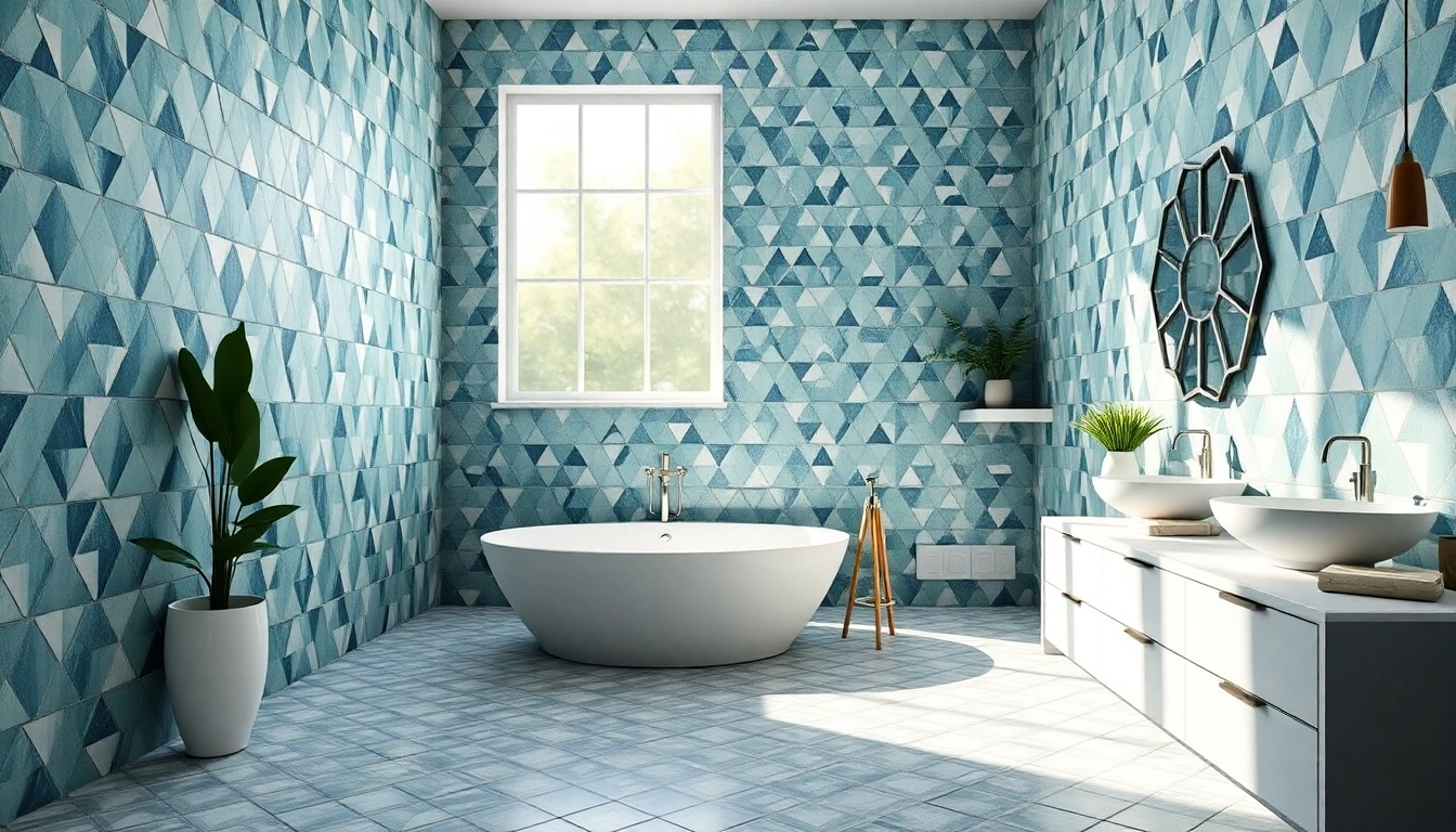 Salle de bains élégante présentant de magnifiques carreaux zellige bleus et verts et une baignoire autoportante.