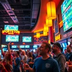 Engaged fans in a sports betting Oklahoma sportsbook celebrating amidst excitement.