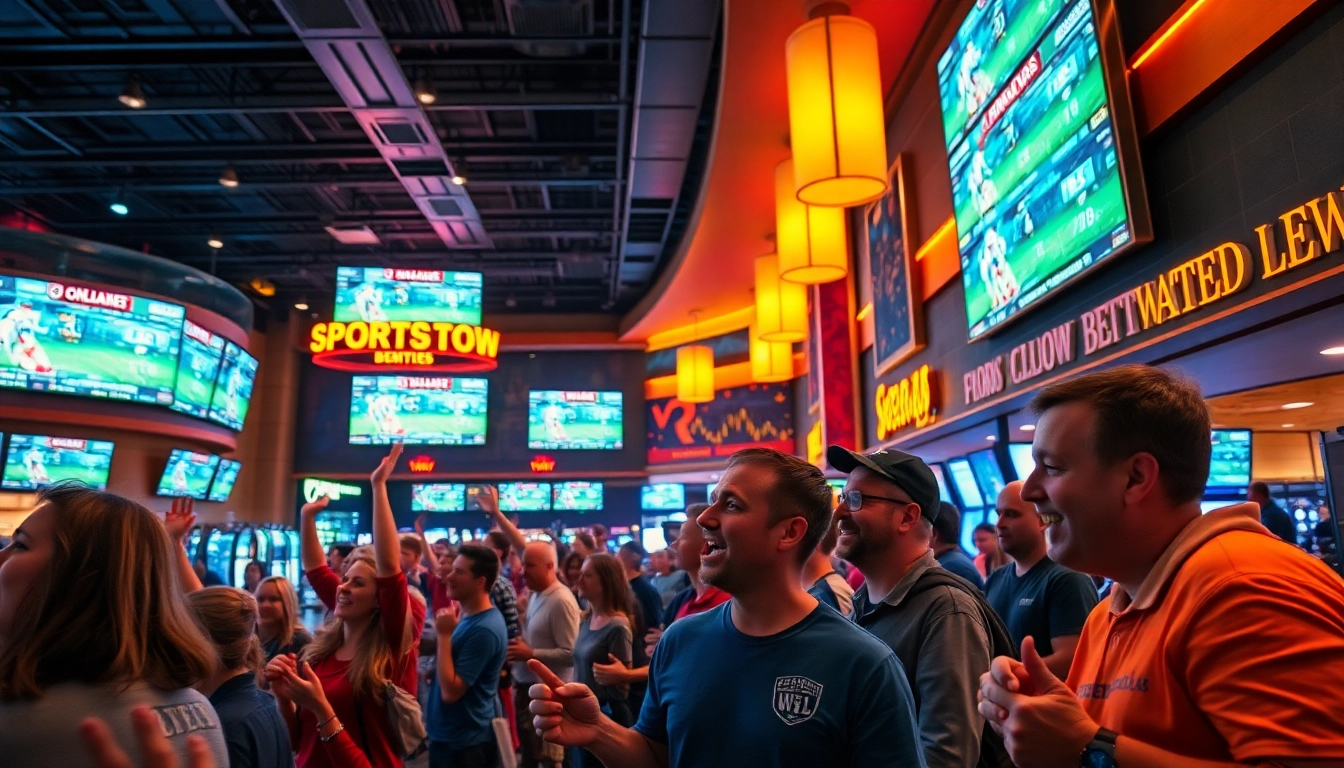 Engaged fans in a sports betting Oklahoma sportsbook celebrating amidst excitement.