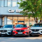 Chirie auto ieftin in Chișinău: modern rental cars showcased outside a welcoming office.