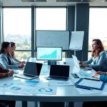 Corporate Tax Services discussion in a modern office with professionals collaborating on financial strategies.