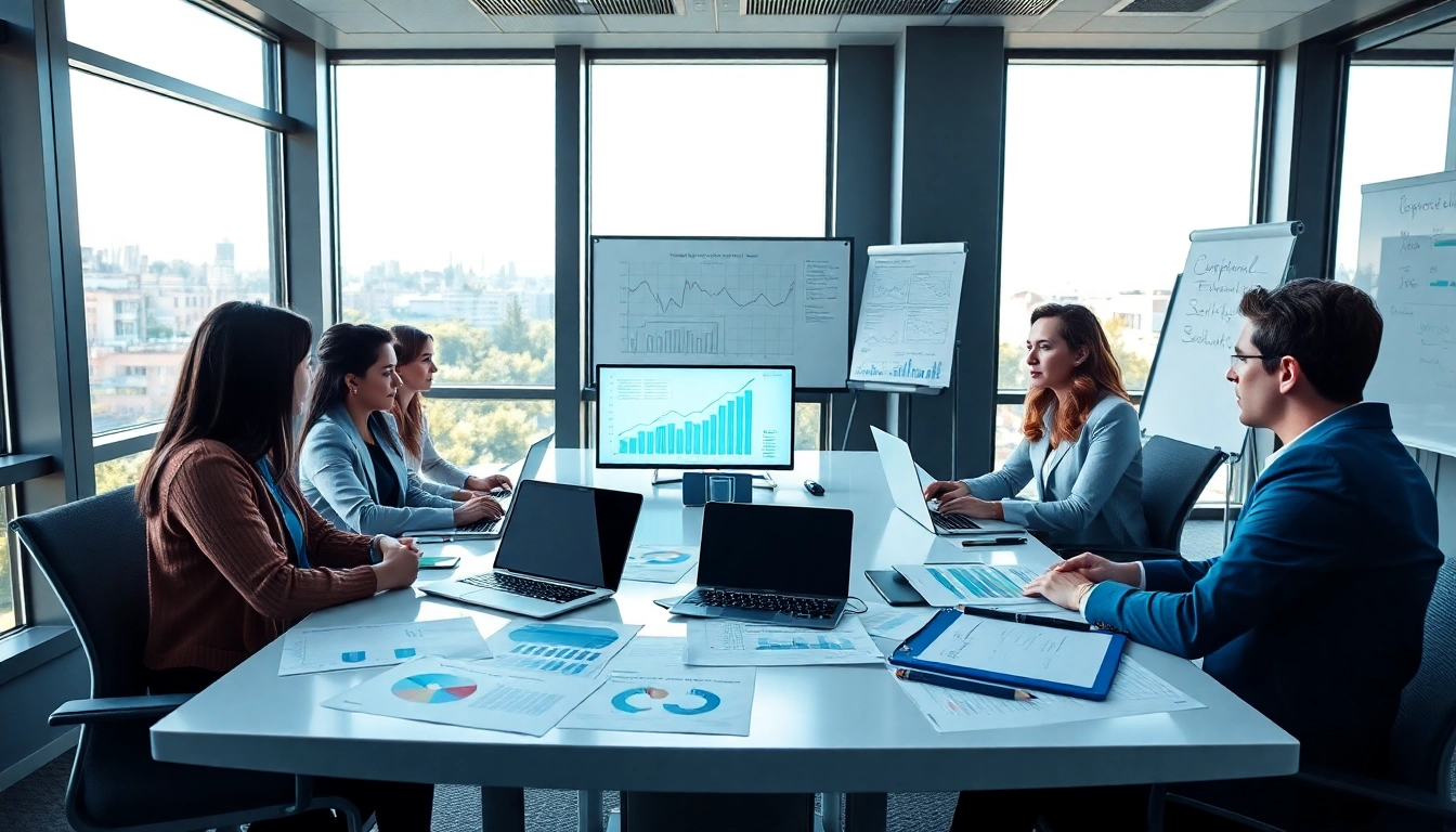 Corporate Tax Services discussion in a modern office with professionals collaborating on financial strategies.