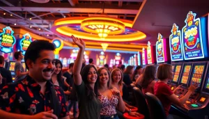 Menang slot deposit 1000 qris di lingkungan kasino yang energik dengan pemain merayakan kemenangan.