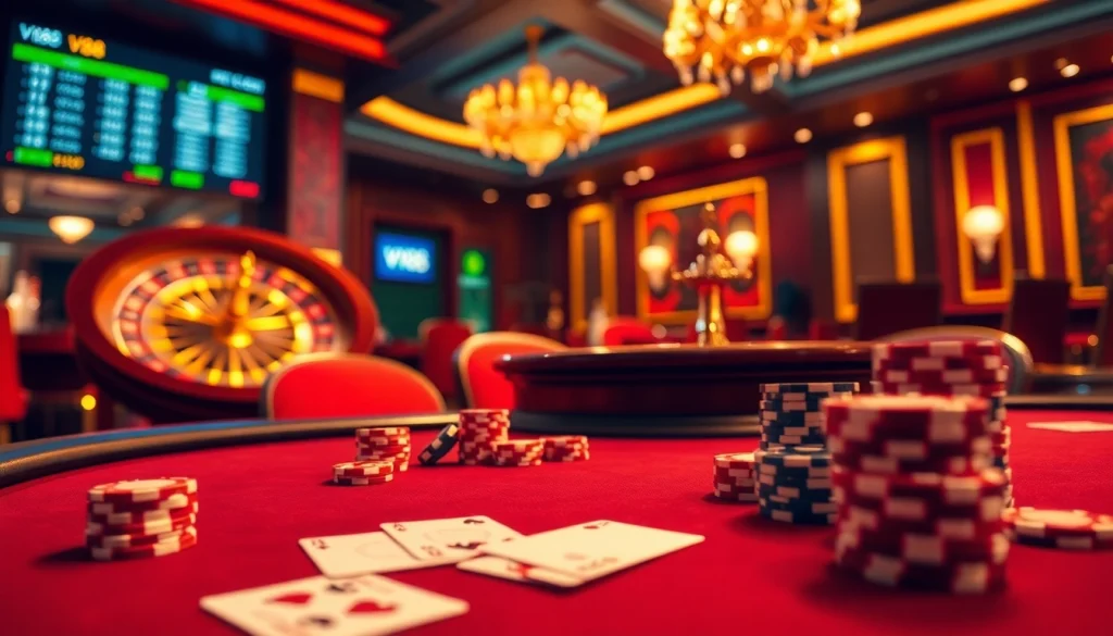 Experience high-stakes gaming at VN88, featuring an elegant poker table and vibrant casino atmosphere.